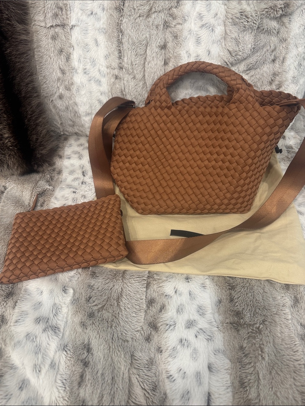 Authentic Naghedi Woven Chestnut Small Tote with Pouch - Picture 1 of 8